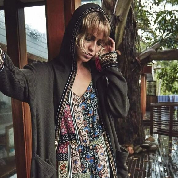 Jaase- Oversized Long Hooded Cardigan Open Front Sweater Olive Green Size XS - Picture 13 of 13